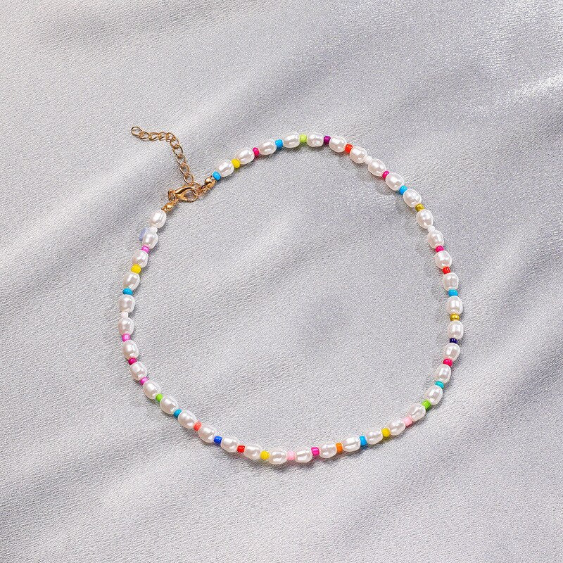 Origin Summer Bohemian Multicolor Simulation Pearl Beaded Chokers Necklace for Women Handmade Baroque Holiday Necklace Jewellery