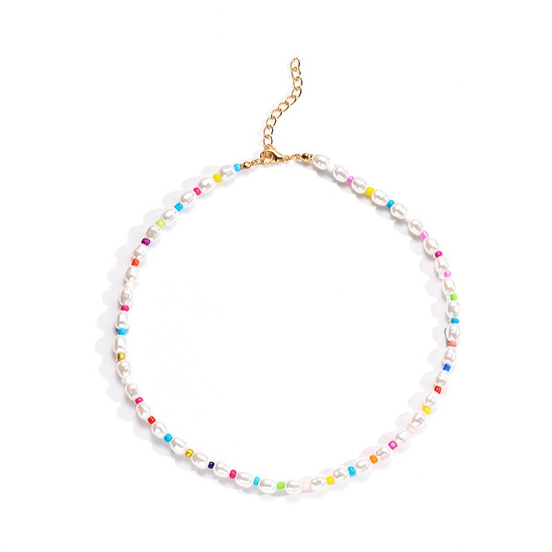 Origin Summer Bohemian Multicolor Simulation Pearl Beaded Chokers Necklace for Women Handmade Baroque Holiday Necklace Jewellery
