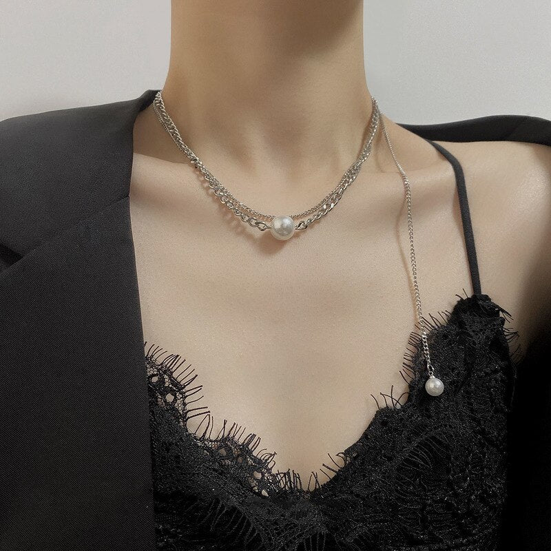 Origin Summer Double Layer Pearl Pendant Necklace for Women Asymmetric Silver Color Metallic Mix Chain Necklace Jewellery