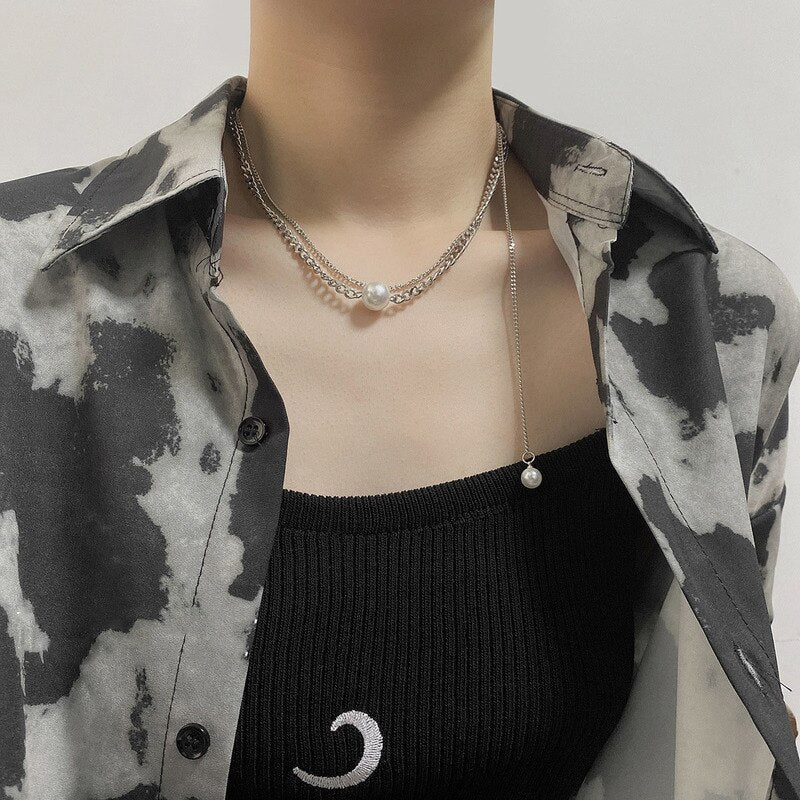 Origin Summer Double Layer Pearl Pendant Necklace for Women Asymmetric Silver Color Metallic Mix Chain Necklace Jewellery