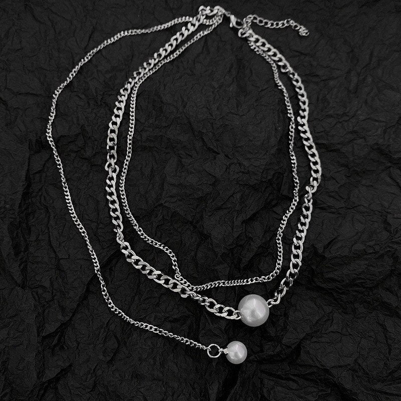 Origin Summer Double Layer Pearl Pendant Necklace for Women Asymmetric Silver Color Metallic Mix Chain Necklace Jewellery