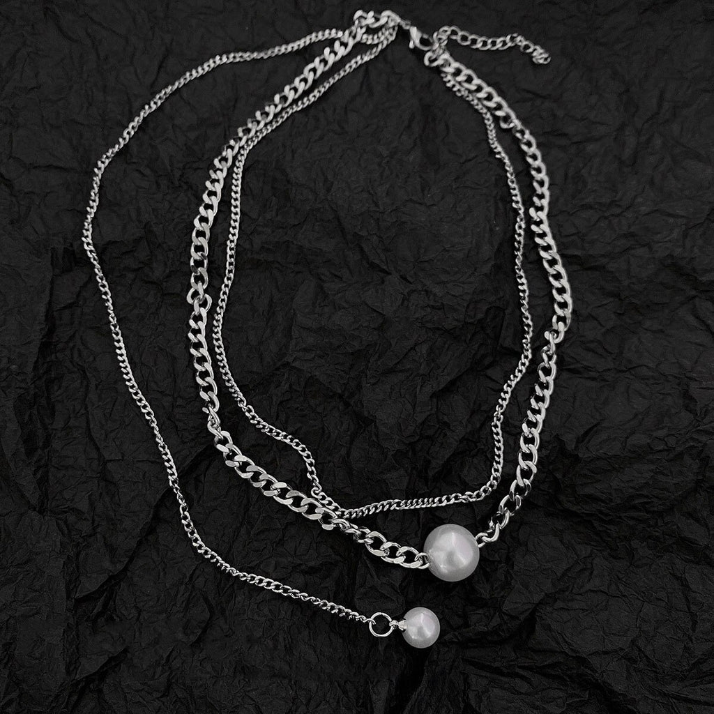 Origin Summer Double Layer Pearl Pendant Necklace for Women Asymmetric Silver Color Metallic Mix Chain Necklace Jewellery