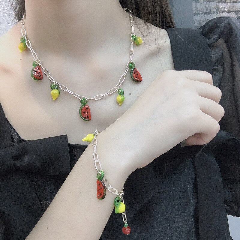 Origin Summer Fantisy Cartoon Lemon Watermelon Link Chain Chokers Necklace for Women Girls Arcylic Fruit Charm Bracelets Jewelry