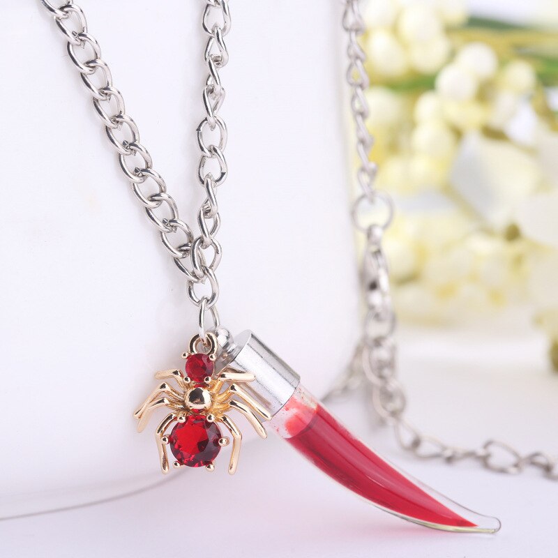 Origin Summer Halloween Red Color Rhinestone Spider Bat Pendant Necklace for Women Chunky Chain Bottle Metallic Necklace Jewelry
