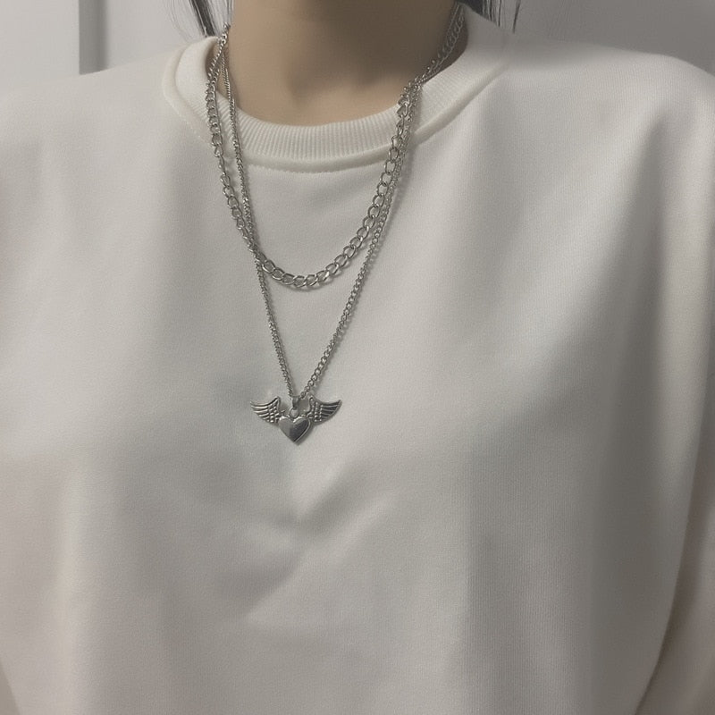 Origin Summer Hip Hop Angel Wing Pendant Necklaces for Women Girl Punk Silver Color Layered Link Chain Necklace Jewelry