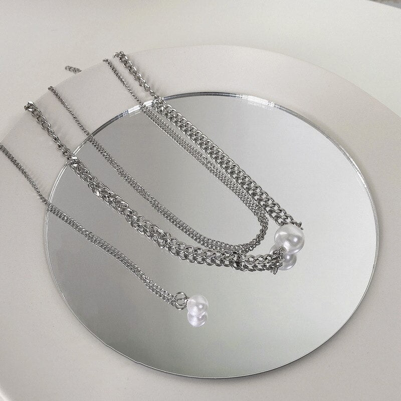 Origin Summer Hyperbole Double Layer Pearl Pendant Necklace for Women Asymmetric Silver Color Mix Chain Necklace Jewellery