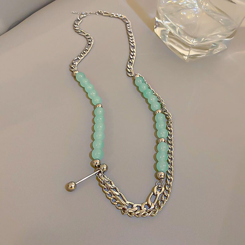 Origin Summer Trendy Mint Green Natural Stone Choker Necklaces for Women Multi Layered Hollow Link Chain Beaded Necklace Gifts
