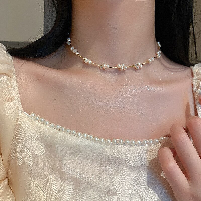 Origin Summer Unique Design Freshwater Pearl Flower Beaded Chokers Necklace for Women Trendy Gold Color Metal Necklace Jewellery