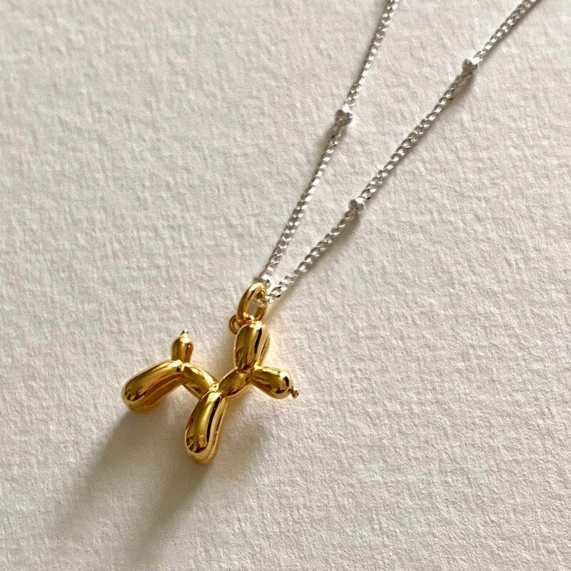 Origin Summer Unique Design Gold Color Balloon Dog Pendant Necklace for Women Cute Funny Round Bead Metallic Necklace Jewelry