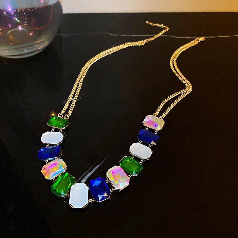 Origin Summer Vintage Multicolor Crystal Choker Necklace for Women  Gold Color Chunky Chain Square Rhinestone Necklaces