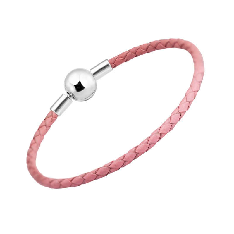 Original 100% 925 Sterling Silver Ball Clasp Charm Pink Leather Chain Bracelets for Women Fine Jewelry PE509
