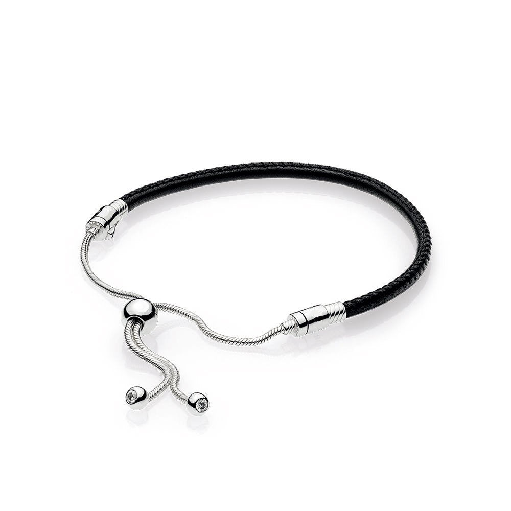 Original 925 Silver Charm Sliding Sliding Golden Tan Black Leather Bracelet, Clear CZ High Quality Leather Female Charm Bracelet
