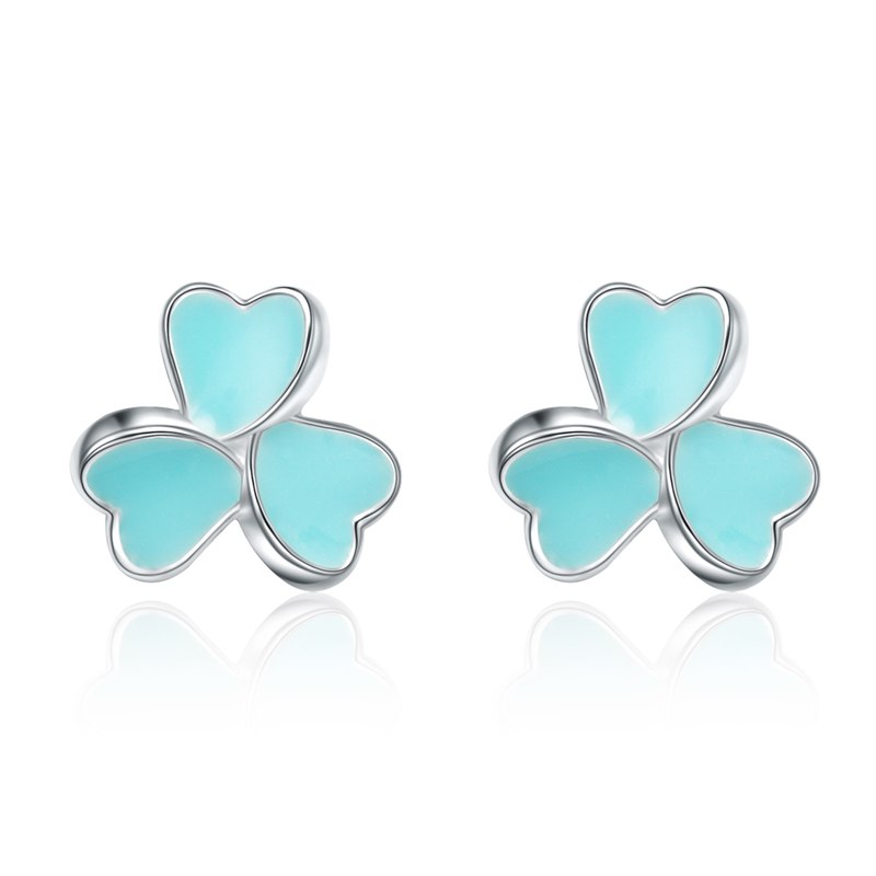 Original 925 Sterling Silver Sweet Three Leaves Clover Shape Stud Earrings Three Heart for Girls Women Brand Jewelry