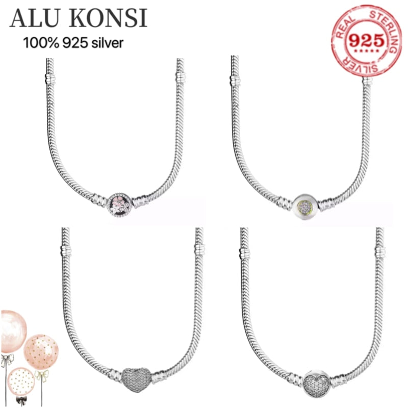 Original 925 Sterling Silver pan Necklace Clasp Snake Chain Necklace Fit Bead Charms For Women Jewelry