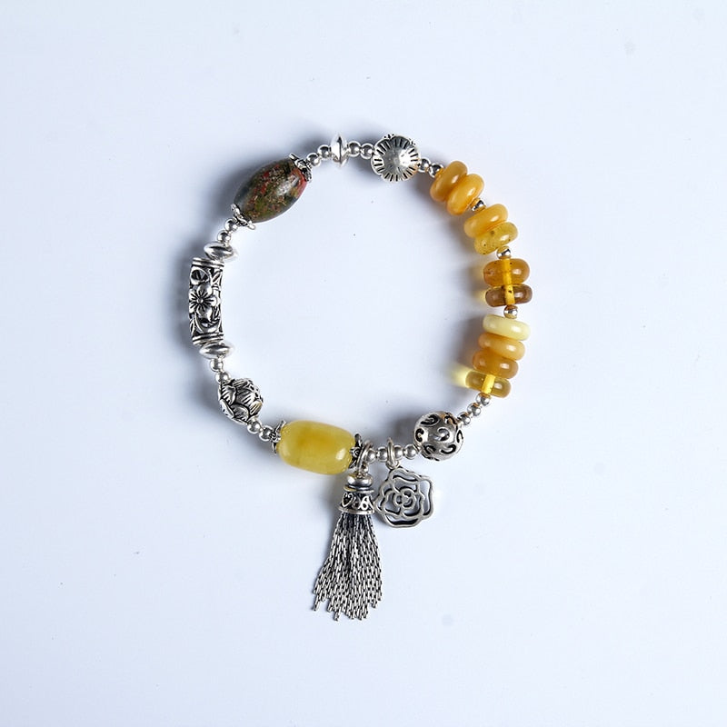Original DIY amber bracelet Sterling silver natural chicken oil yellow old bees with S925 silver hand string female certificate