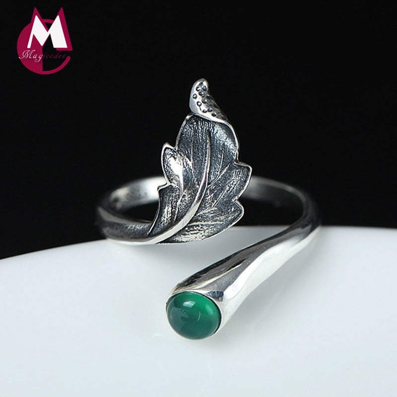 Original Design 925 Sterling Silver Rings For Women Natural Green Jade Chalcedony Leaf Ring Big Jewelry Mother's Gift YR71