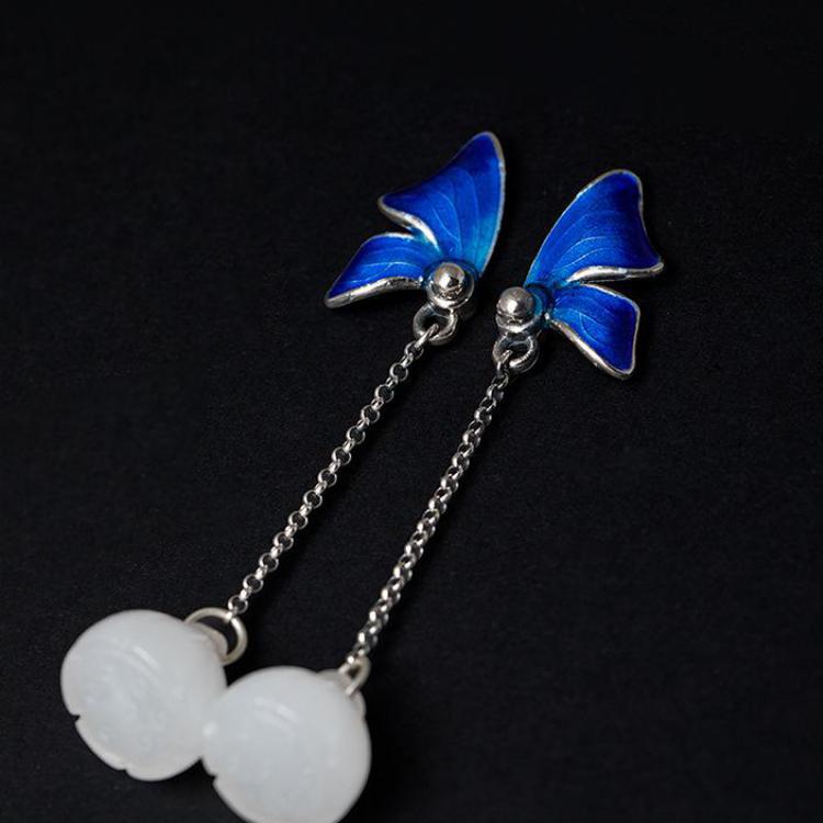 Original Design 925 Sterling Silver White Jade Lotus Earrings Elegant Butterfly Earrings Enamel Process Fine Jewelry