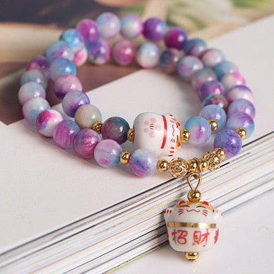 Original Korean Fashion Natural Crystal Colorfull Stone Bracelet Lovely Maneki Neko Charm Beaded Bracelet Purple Color #3134