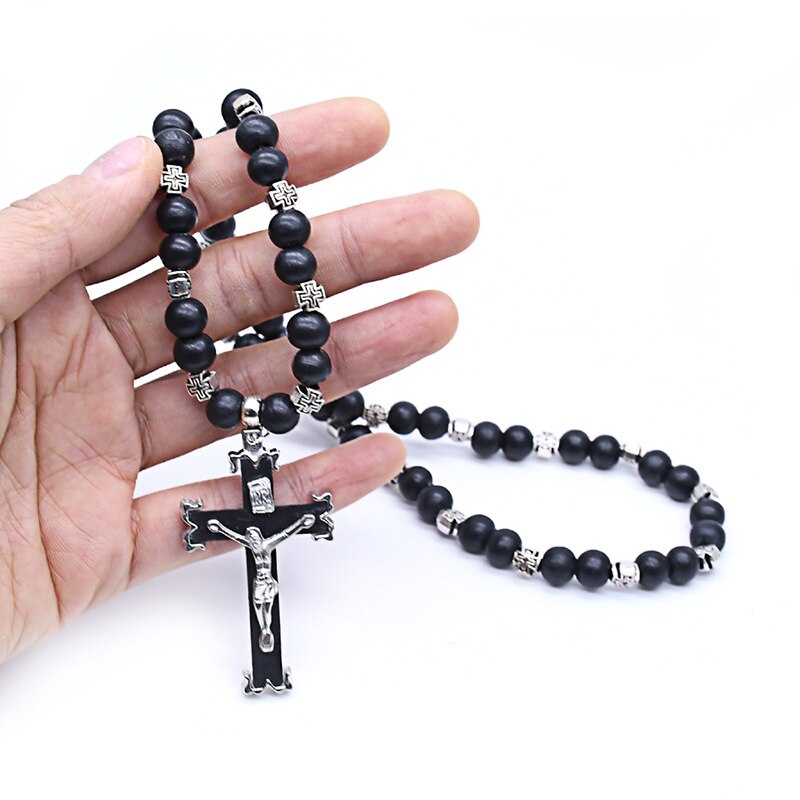 Orthodox Church Crucifix Cross Pendants Rosary Necklace Christ Prayer Black Wooden Rosaries Beads Chain Religious Jewelry