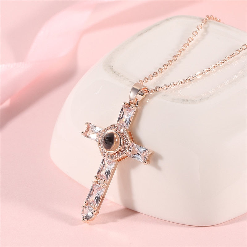 Orthodox Greek Pastor Church Cross Jesus Crucifix Pendants Necklace 100 Language Projection Necklaces Rose Gold Color for Women