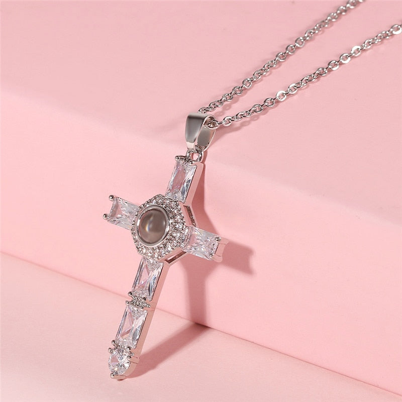 Orthodox Greek Pastor Church Cross Jesus Crucifix Pendants Necklace 100 Language Projection Necklaces Rose Gold Color for Women