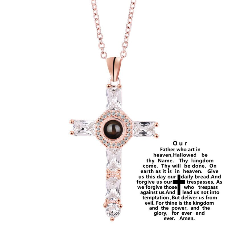 Orthodox Greek Pastor Church Cross Jesus Crucifix Pendants Necklace 100 Language Projection Necklaces Rose Gold Color for Women
