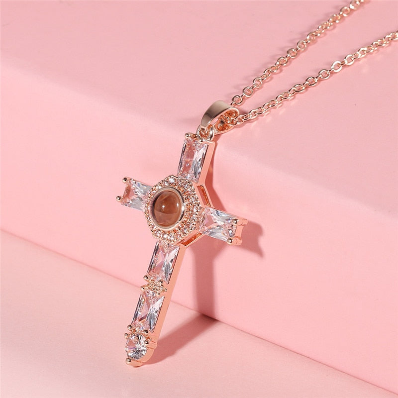 Orthodox Greek Pastor Church Cross Jesus Crucifix Pendants Necklace 100 Language Projection Necklaces Rose Gold Color for Women