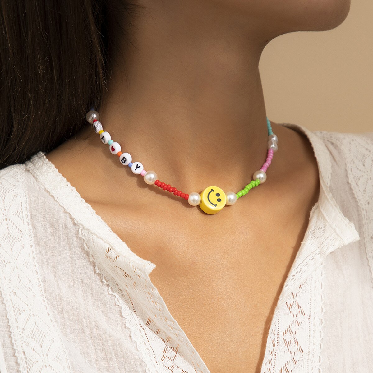 Outer banks acrylic beads necklace for women happy smile face choker necklace girls colorful ethnic bohemia summer jewelry 2021