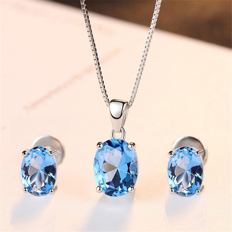 Oval 1.8ct Natural Blue Topaz Stud Earrings Pendant Necklace 925 Sterling Silver Wedding Jewelry Set With S925 45cm Box Chain