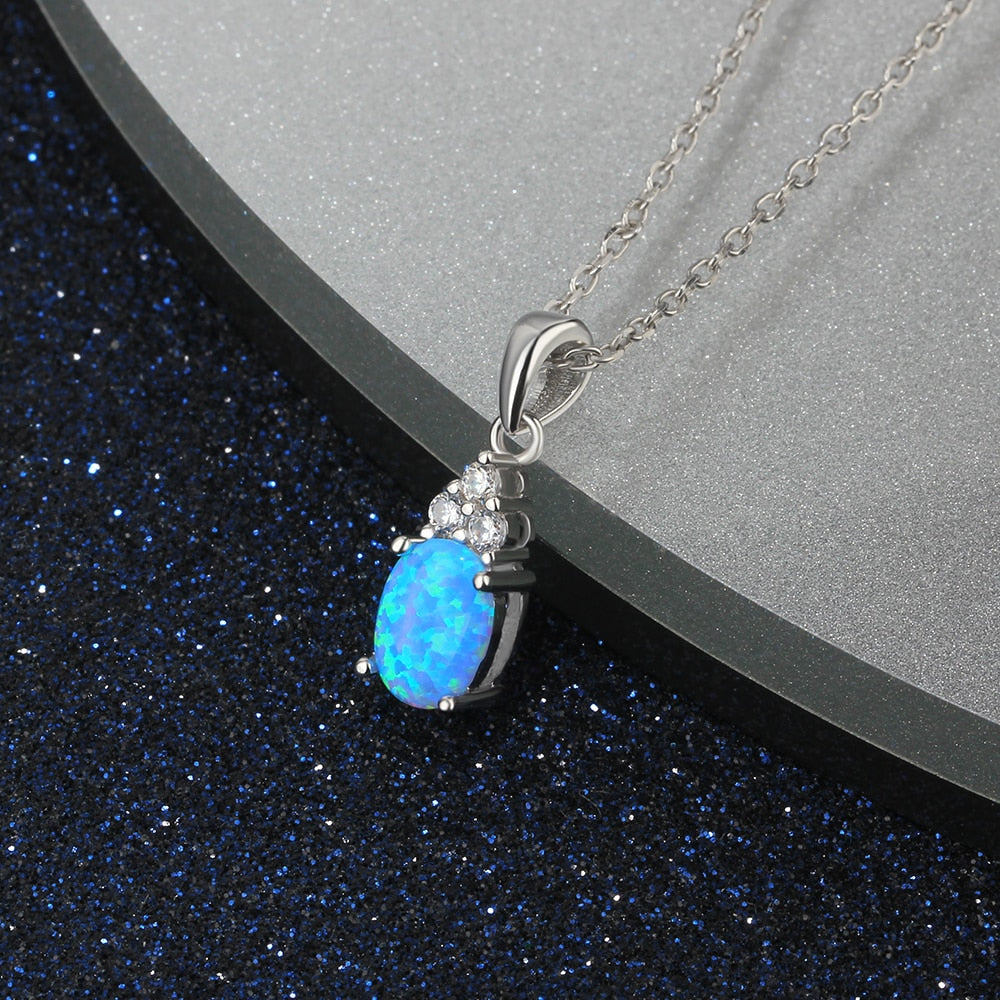 Oval Blue Opal Necklaces & Pendants with Zirconia Fine Jewelry 925 Sterling Silver Necklace Valentine's D (Lam Hub Fong)
