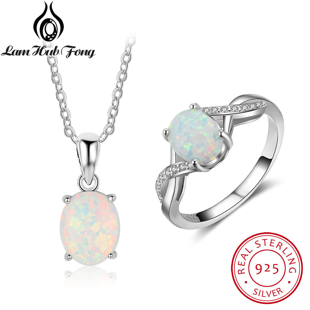 Oval Created White Fire Opal Ring Necklace Accessories For Women Real Pure 925 Sterling Silver Bridal Jewelry Sets(Lam Hub Fong)
