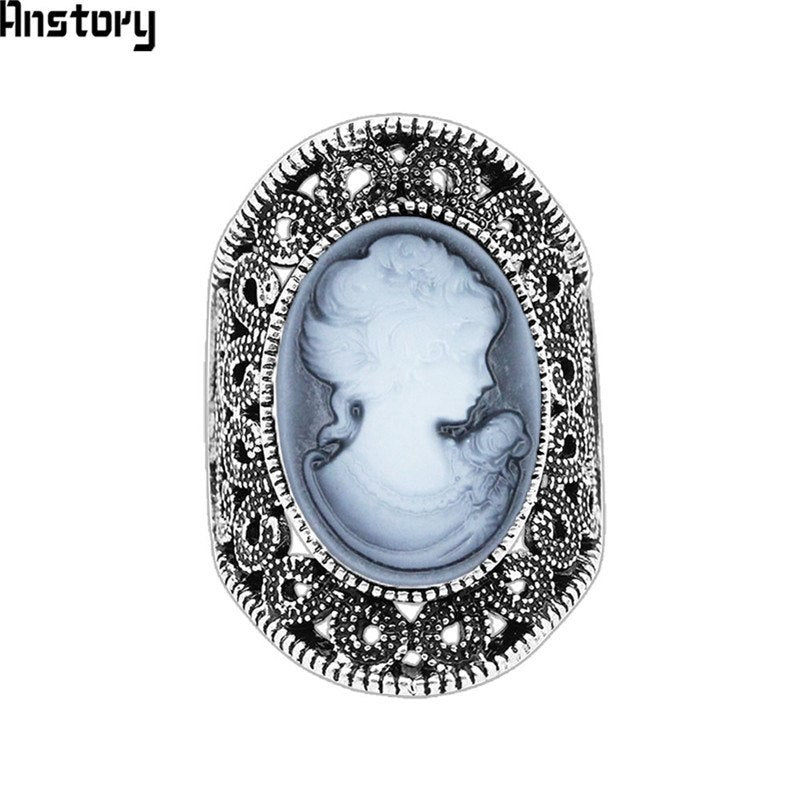 Oval Lady Queen Cameo Rings For Women Vintage Hollow Flower Rings Antique Silver Plated Cocktail Party Fashion Jewelry
