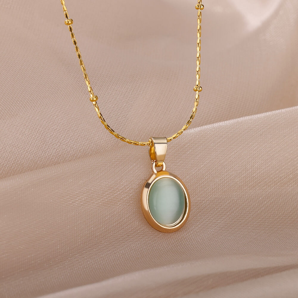 Oval Opal Pendant Necklace For Women Gold Plated Stainless Steel Bead Chains Necklaces 2023 Trend Wedding Jewelry collares mujer