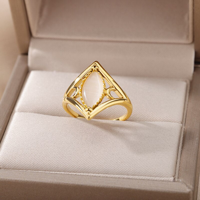 Oval White Opal Rings for Women Stainless Steel Gold Color Finger Ring Irregular Wedding Couple Aesthetic anillos mujer