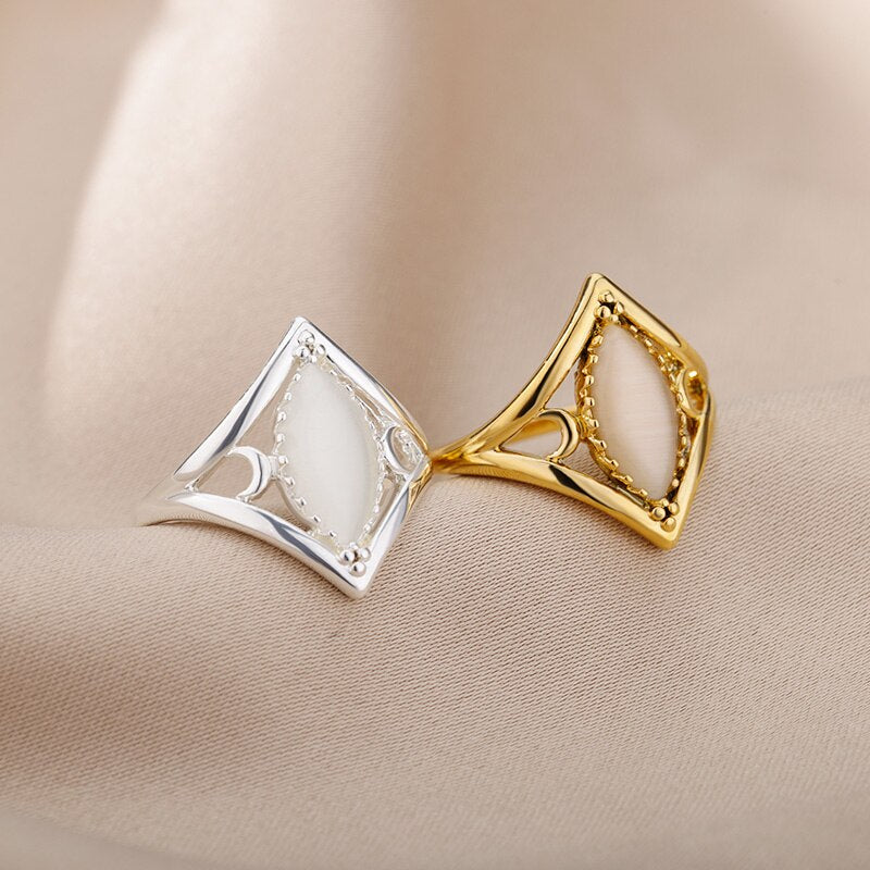 Oval White Opal Rings for Women Stainless Steel Gold Color Finger Ring Irregular Wedding Couple Aesthetic anillos mujer