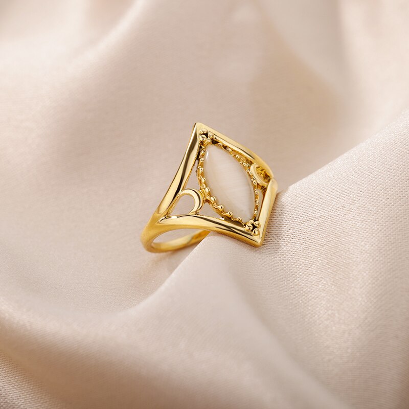 Oval White Opal Rings for Women Stainless Steel Gold Color Finger Ring Irregular Wedding Couple Aesthetic anillos mujer