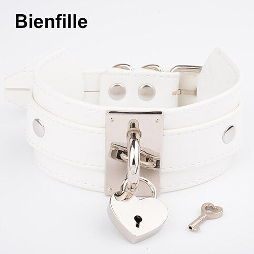 Oversized Handmade BDSM Bondage Leather Necklace For Women Lovely Lockable Heart Collar  Sexy Pastel Gothic Choker Punk