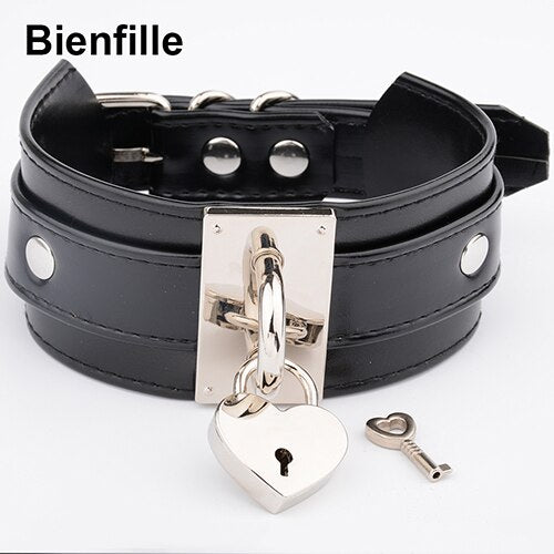 Oversized Handmade BDSM Bondage Leather Necklace For Women Lovely Lockable Heart Collar  Sexy Pastel Gothic Choker Punk