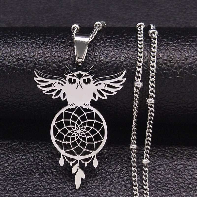 Owl Feather Dream Catcher Stainless Steel Charm Necklaces for Women/Men Silver Color Pendant Necklace Jewelry N7029S04