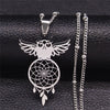 Owl Feather Dream Catcher Stainless Steel Charm Necklaces for Women/Men Silver Color Pendant Necklace Jewelry N7029S04