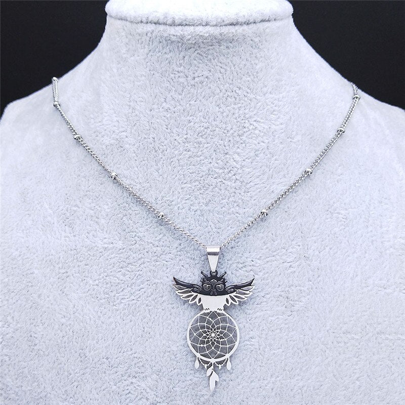 Owl Feather Dream Catcher Stainless Steel Charm Necklaces for Women/Men Silver Color Pendant Necklace Jewelry N7029S04