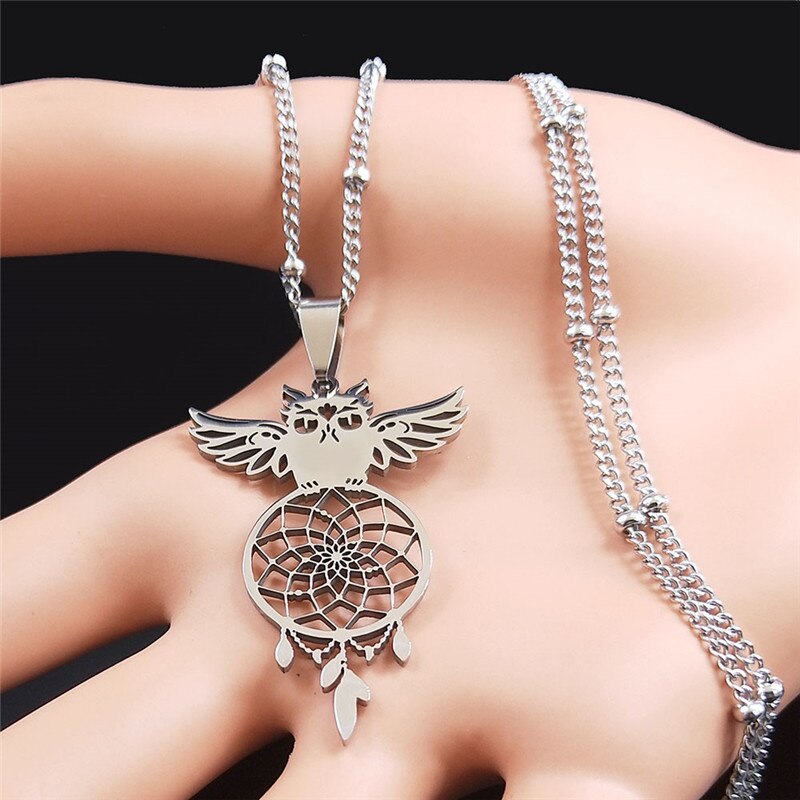 Owl Feather Dream Catcher Stainless Steel Charm Necklaces for Women/Men Silver Color Pendant Necklace Jewelry N7029S04