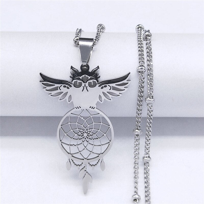 Owl Feather Dream Catcher Stainless Steel Charm Necklaces for Women/Men Silver Color Pendant Necklace Jewelry N7029S04