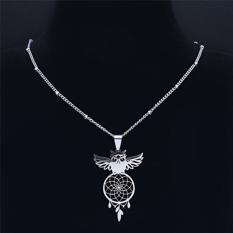 Owl Feather Dream Catcher Stainless Steel Charm Necklaces for Women/Men Silver Color Pendant Necklace Jewelry N7029S04