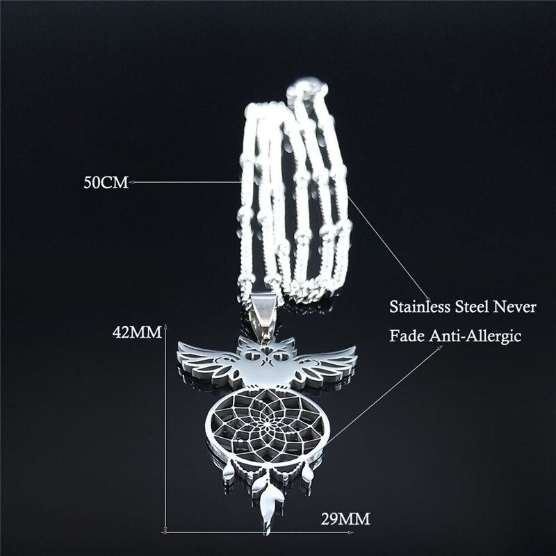 Owl Feather Dream Catcher Stainless Steel Charm Necklaces for Women/Men Silver Color Pendant Necklace Jewelry N7029S04