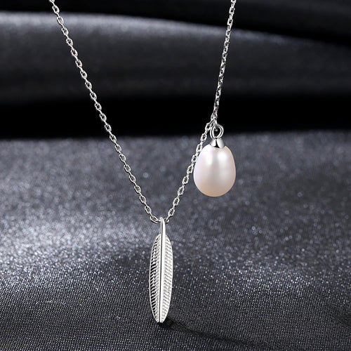 925 Classic Design 7-8mm Natural Pearl Pendant Necklace with 45cm Silver Chain&Elegant Leaf Shape For Party Gift