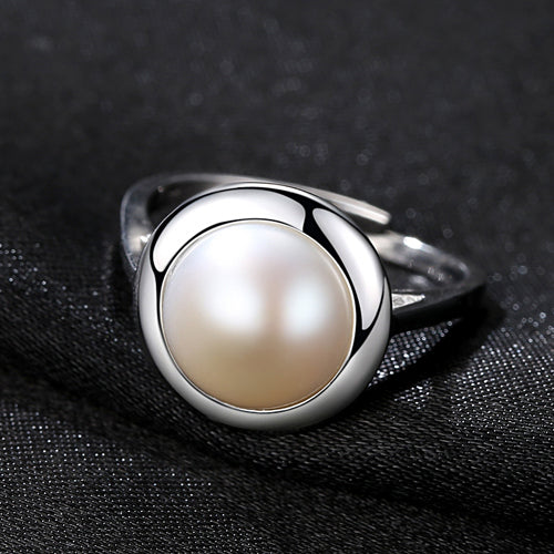 Authentic 925 Sterling Silver Elegant Round Natural White Pearl Rings for Women Adjustable Ring Fine Jewelry