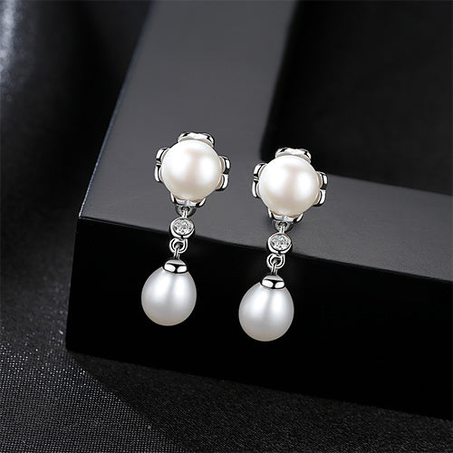 Brand 100% Genuine Double Pearls Long Stud Earrings Romantic Jewelry For Women Engagement Gifts 925 Sterling Silver