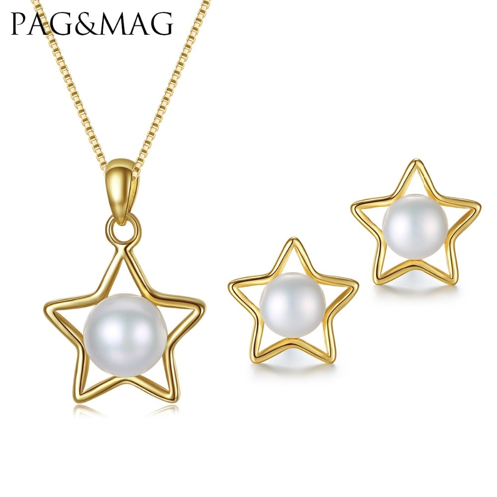 Brand 925-Sterling-Silver Star Shape Jewelry Sets 7-7.5mm Half Natural Pearl Earrings & Necklace Sets