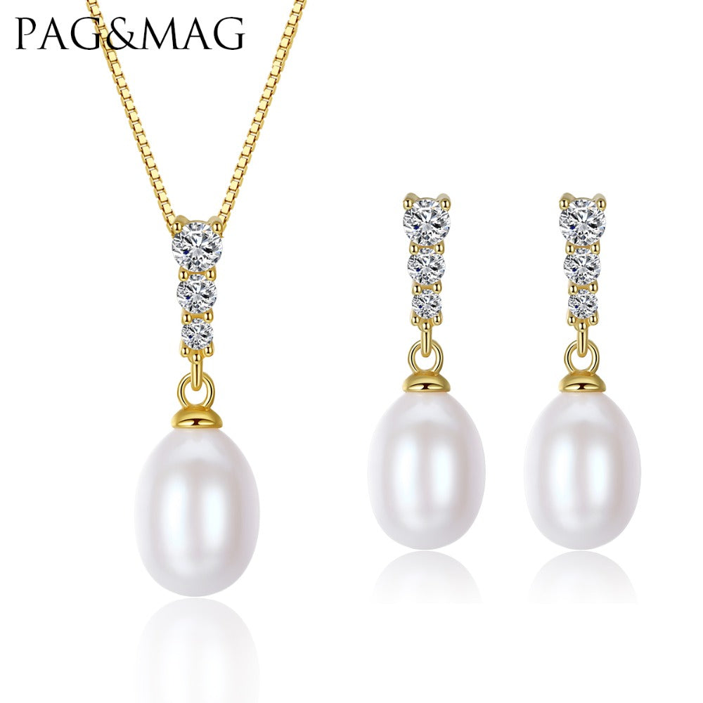 Brand 925-Sterling-Silver Women Jewelry Sets 8-9mm Natural Pearl Earrings & Necklace Factory Wholesale